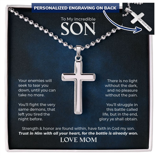 To My Incredible Son - Strength and Honor - Personalized Cross Necklace